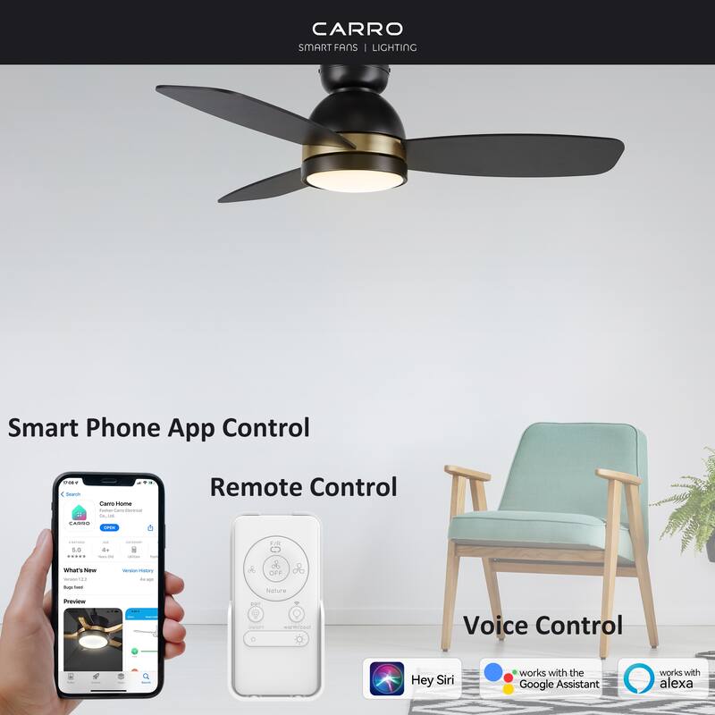 CARRO Quest 48" 3-Blade Smart Ceiling Fan with LED Light and Remote-Flush Mount