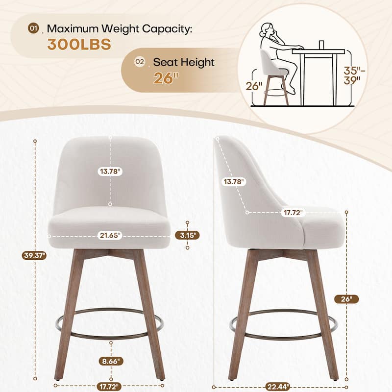 26" Upholstered Counter Height Swivel Bar Stool, Counter Stools with Solid Wood Legs - 39.37"H x 22.44"D x 21.65"W