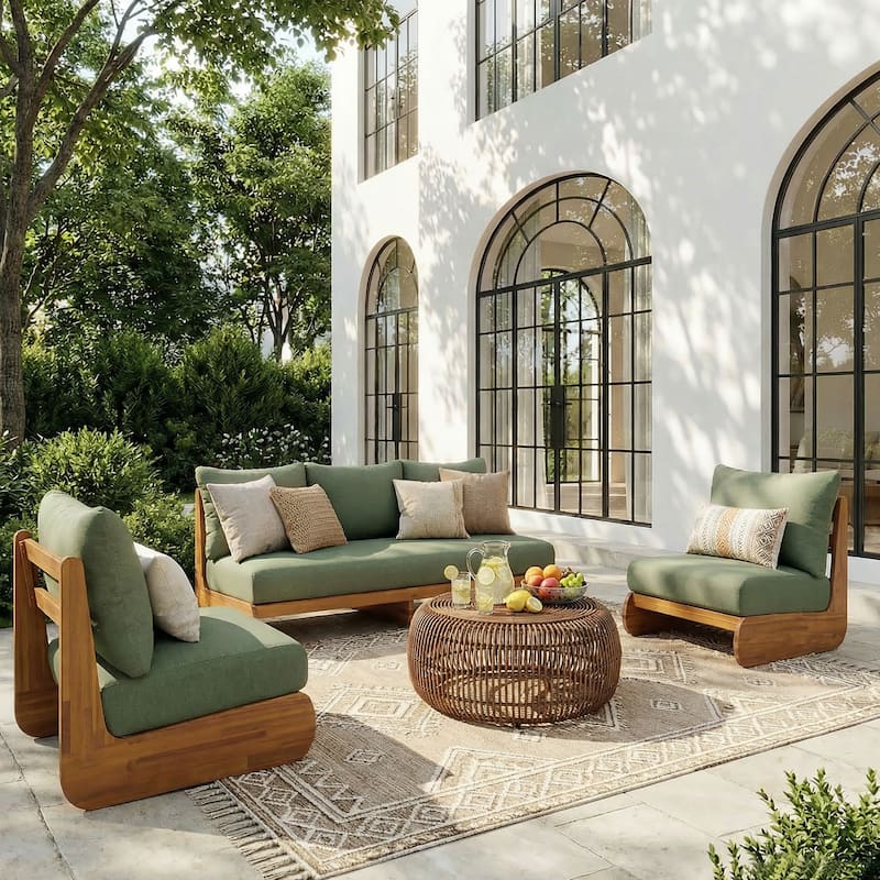 Christopher Knight Home - Solstice 3-Piece Acacia Wood Outdoor Sofa Chat Set - Green+Teak