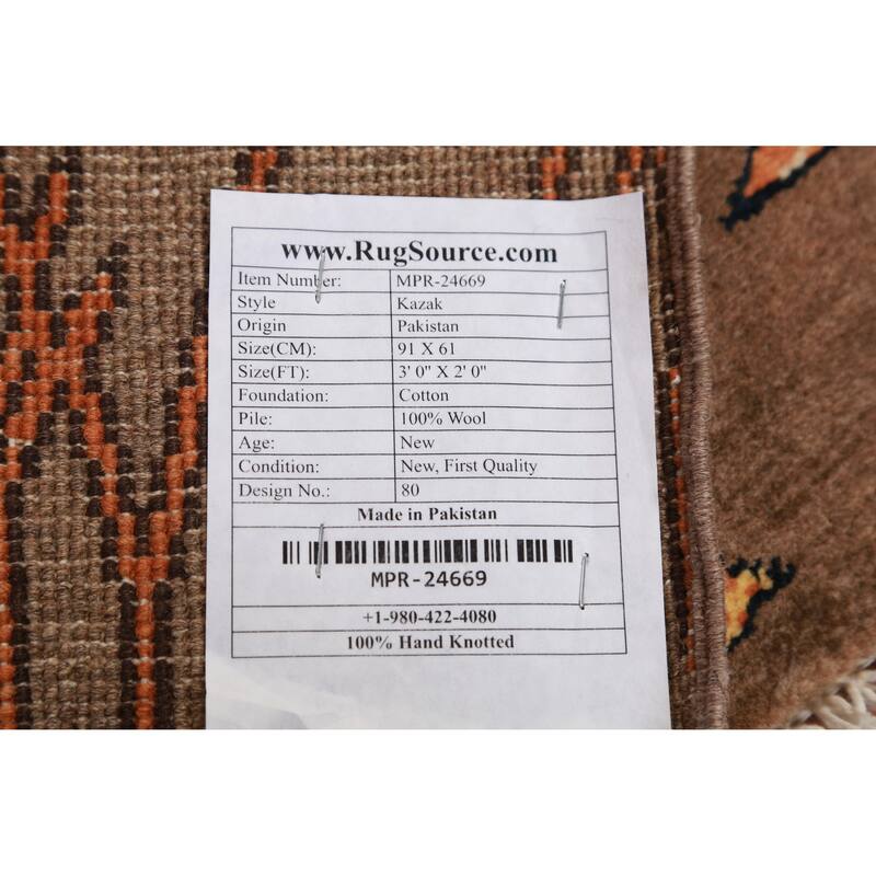 Brown Pictorial Kazak Oriental Foyer Rug Hand-Knotted Wool Carpet - 2'0"x 3'0"