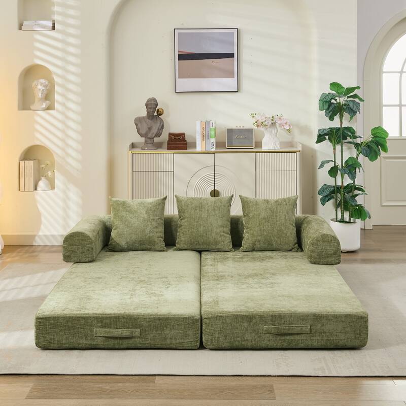 Chenille Convertible Floor Sofa Bed with Armrest for Living Room