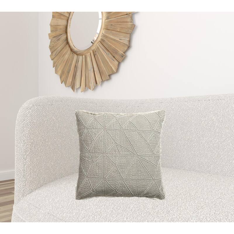 20" Beige and Ivory Throw Pillow with Embroidery and Fringe - Polyester - 20.00 in. x 20.00 in. x 4.00 in. - Pillow Sets - Beige/Ivory