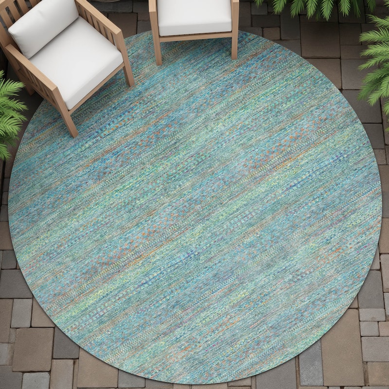 Machine Washable Indoor/Outdoor Modern Stripes Chantille Rug - Teal - 8' x 8'
