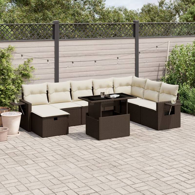 vidaXL Patio Sofa Set with Cushions Outdoor Furniture 9 Piece Poly Rattan - Brown and cream - 21.7 x 39.4 x 28.7 in