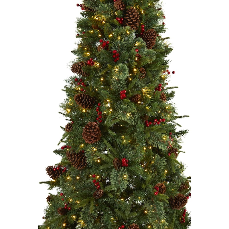 Southwestern Artificial Christmas Tree - 7.5ft Pine Tree with Clear Lights, Pine Cones & Berries - Holiday Decor - Green - 90