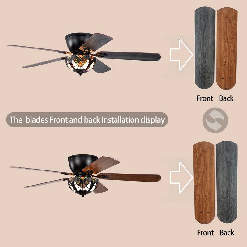 Apgrie 52-Inch Flushmount Lighted Ceiling Fan Warm Tones Tiffany Glass Lamp Black Finish