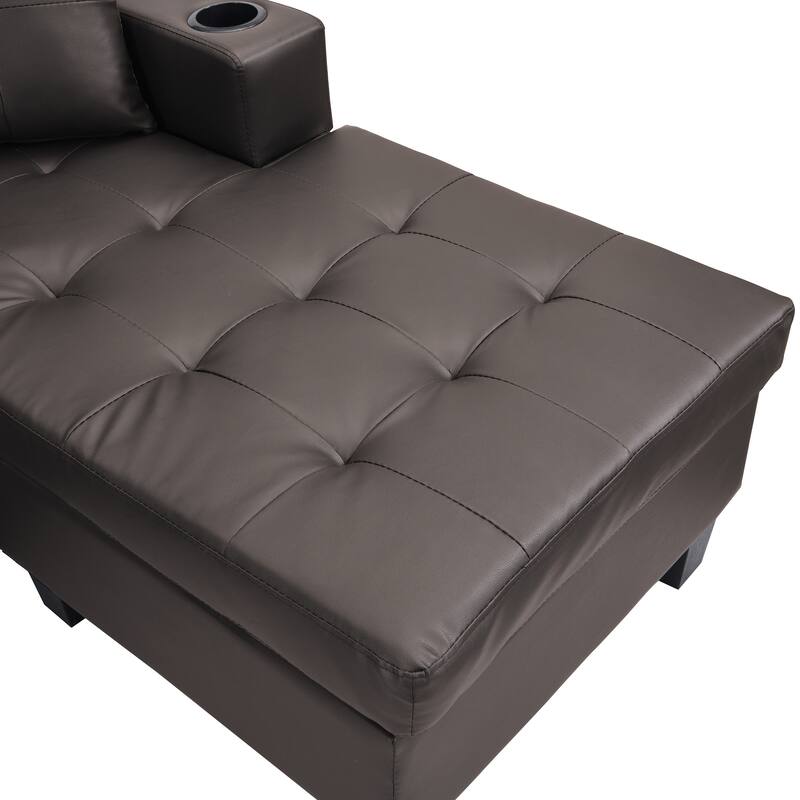 Brown 96.06'' Modern L-Shaped 4 Seater Sectional Sofa with Chaise Lounge, Cup Holders, and Throw Pillows