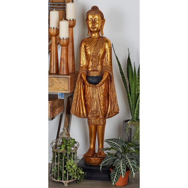 Polystone Buddha Standing Floor Sculpture with Engraved Carvings and Relief Detailing - Gold - Roche River Decor