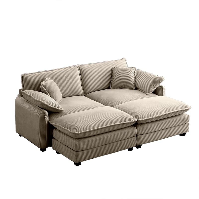 81" 2-Seater Sectional Sofa with 2 Ottoman Corduroy Upholstered Couch for Living Room, Apartment, Leisure Loveseat with Pillows