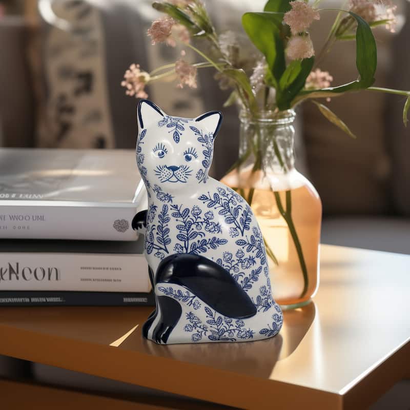 Ceramic Cat Sculpture Contemporary Vintage Style Chinoiserie Blue and White Floral Cat Statue Cat Lover - Blue/white - 5" x 4" x 8"