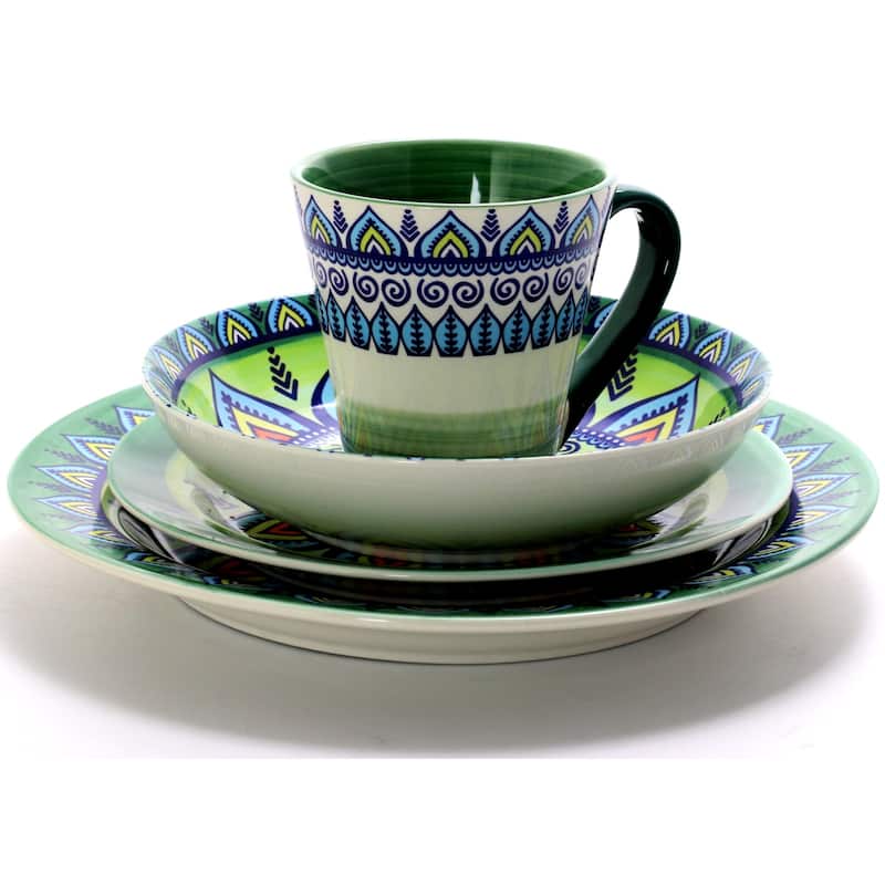 Intricate Floral Pattern Round Stoneware Dinnerware Set in Moss 16 Pieces