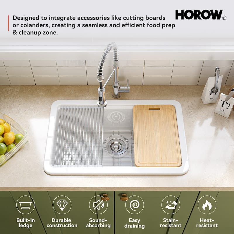 HOROW 30 in. Drop-In Single Bowl White Ceramic Kitchen Sink Standard and Bottom Grid, Drain Assembly, Cutting Board