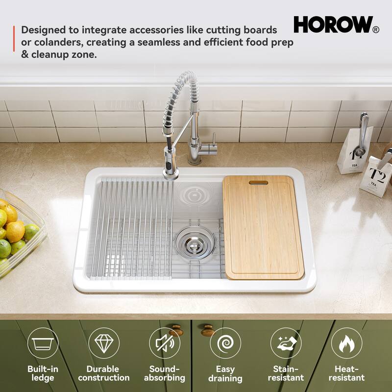HOROW 30 in. Drop-In Single Bowl White Ceramic Kitchen Sink Standard and Bottom Grid, Drain Assembly, Cutting Board