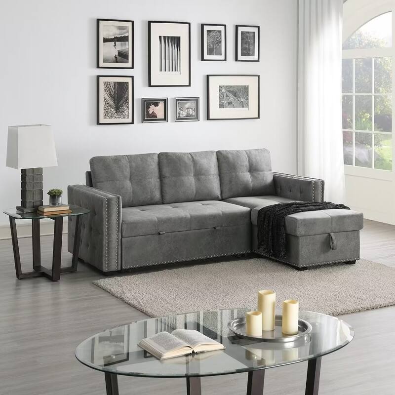 Morden Fort Reversible L-Shaped Sofa Bed with Storage - Velvet Upholstery, Button Tufting, and Nailhead Trim
