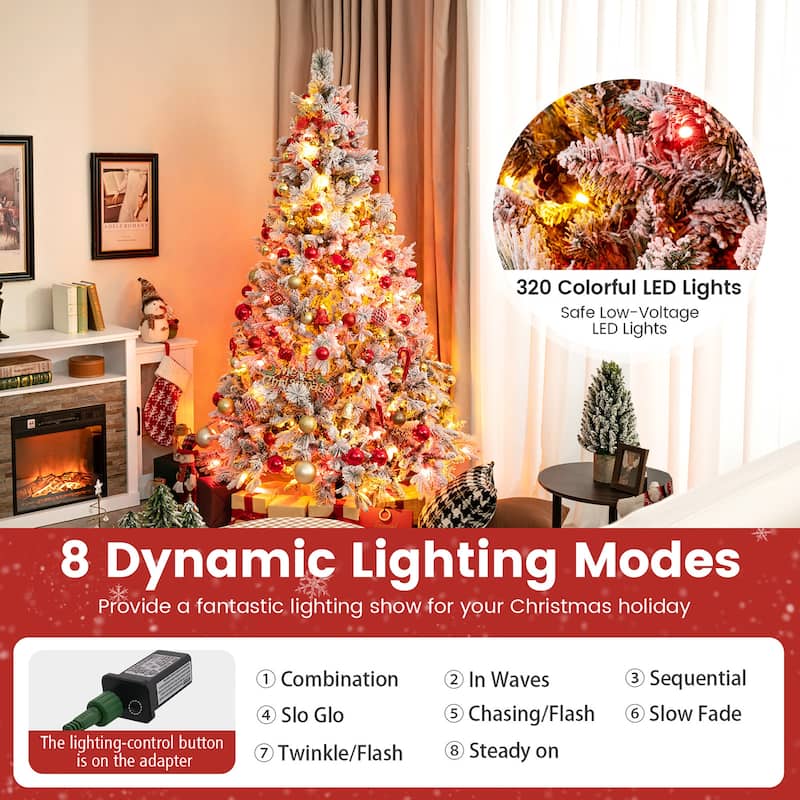 Gymax 4.5/6/7 FT Pre-Lit Artificial Christmas Tree Snow-Flocked Hinged