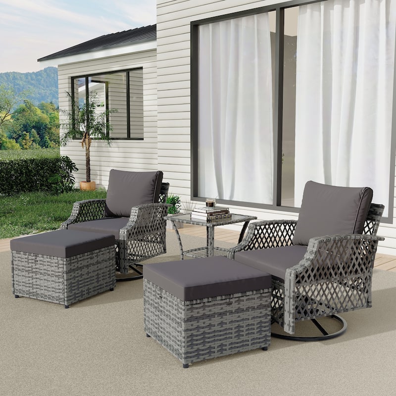 Outdoor Wicker Patio Set w Swivel Chairs & Sofa, Ottomans and Tables, Modular 3/5/6/7-Piece, All-Weather Conversation Set. - 5-Piece: Ottomans - Grey