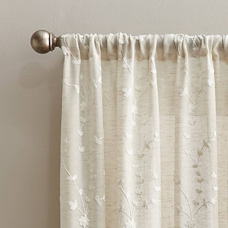 Lynette Floral Embroidered Rod Pocket Curtain Panel - Natural - 63 Inches