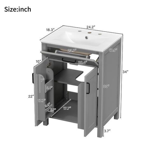 dimension image slide 7 of 8, GDFStudio - Nova Bathroom Vanity Cabinet with Single Ceramic Sink, Soft-close Doors & Adjustable shelf