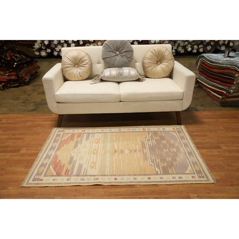 Hand Woven Oriental 100% Wool Carpet Southwestern Tribal Oranges & Rust Kilim Area Rug - 5' 0'' X 3' 2''