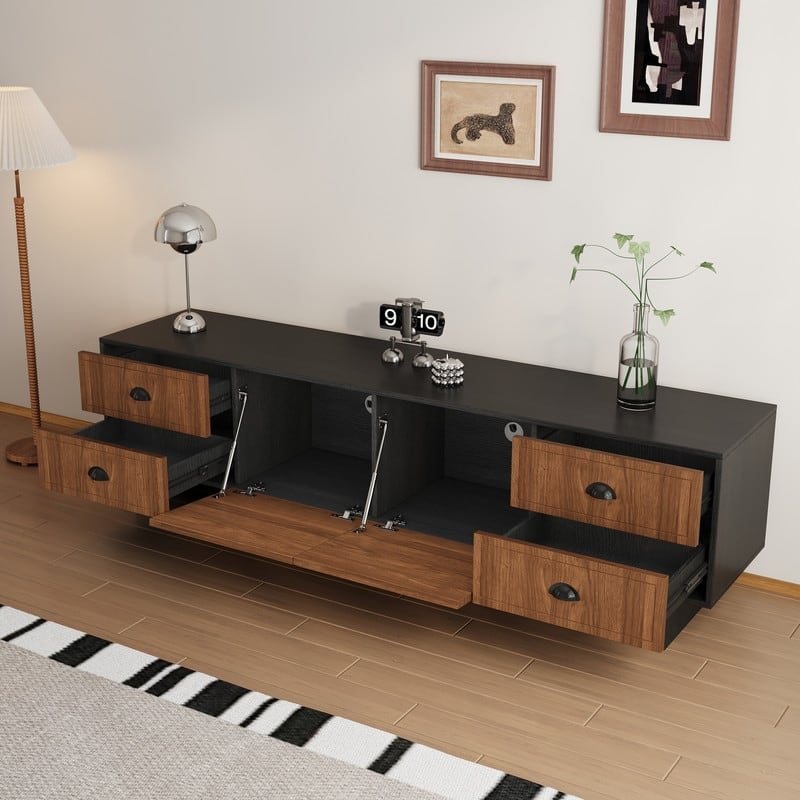 71" Modern Two-Tone Black & Brown TV Stand Media Console for Living Room