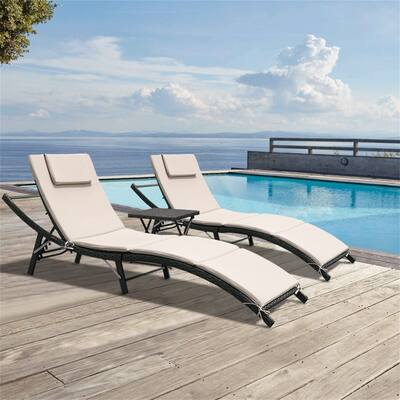 Lounge Chairs 3 Pieces Patio Adjustable Chaise Lounge Outdoor Wicker Lounge Chairs Set of 2 with Table Folding Chaise Lounger
