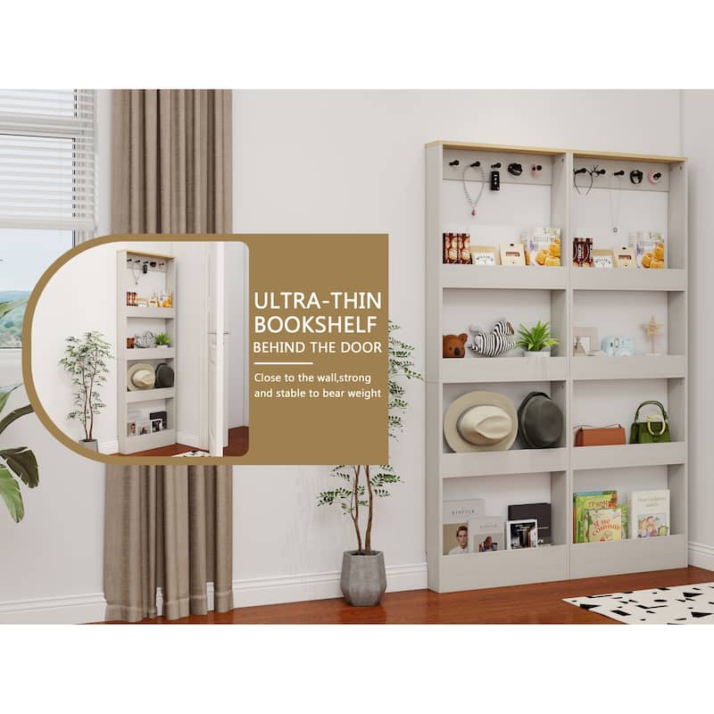 69" Tall Bookcase with 4 Shelves and 5 hooks, Wall Mounted Space-Saving Narrow storage cabinet for Living Room