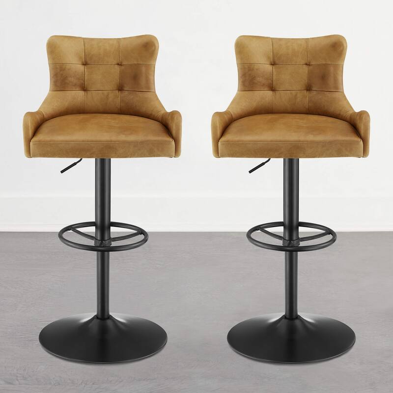 Art Leon Genuine Leather Bar Stool with Adjustable Height - Set of 2 - Light Brown