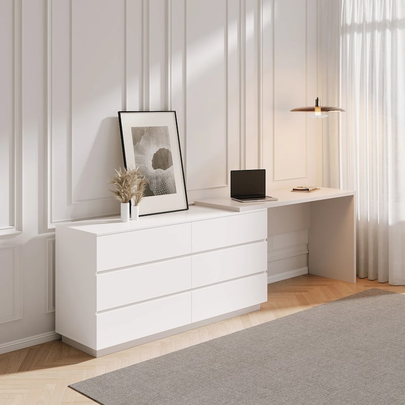 Modern Home Office Expandable Dresser Desk Combo with 6 Drawers