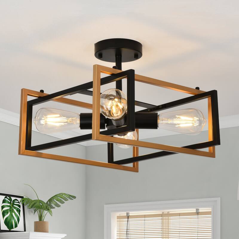 Starsky 4-Light 15in Modern Farmhouse Caged Ceiling Light Geometric Rectangle Semi-Flush Mount - Black&Gold