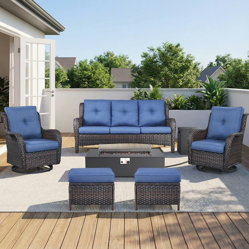 Pocassy Outdoor 7 Pieces Sofa Swivel Chair Ottoman with Fire Table - Brown Wicker Blue Cushion - 7-Piece Sofa Swivel Chair Ottoman with Fire Table