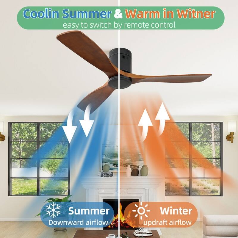 Sleek 52" Low Profile Walnut Ceiling Fan - Quiet, Remote Controlled, No Light