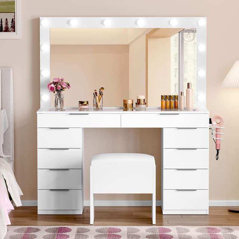 Moasis 10-Drawer Cosmetic Vanity Desk Set with Glass Tabletop Makeup Vanity with Stool