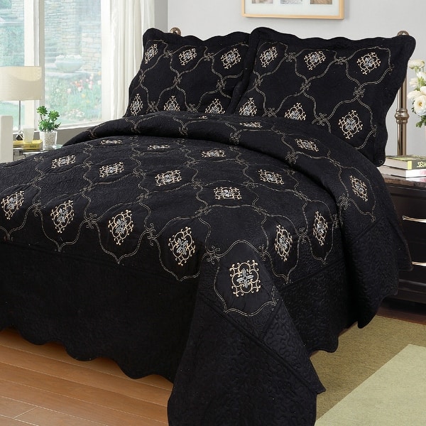 3Pcs Embroidery Quilts Bedspreads Set Coverlet Oversized King Black