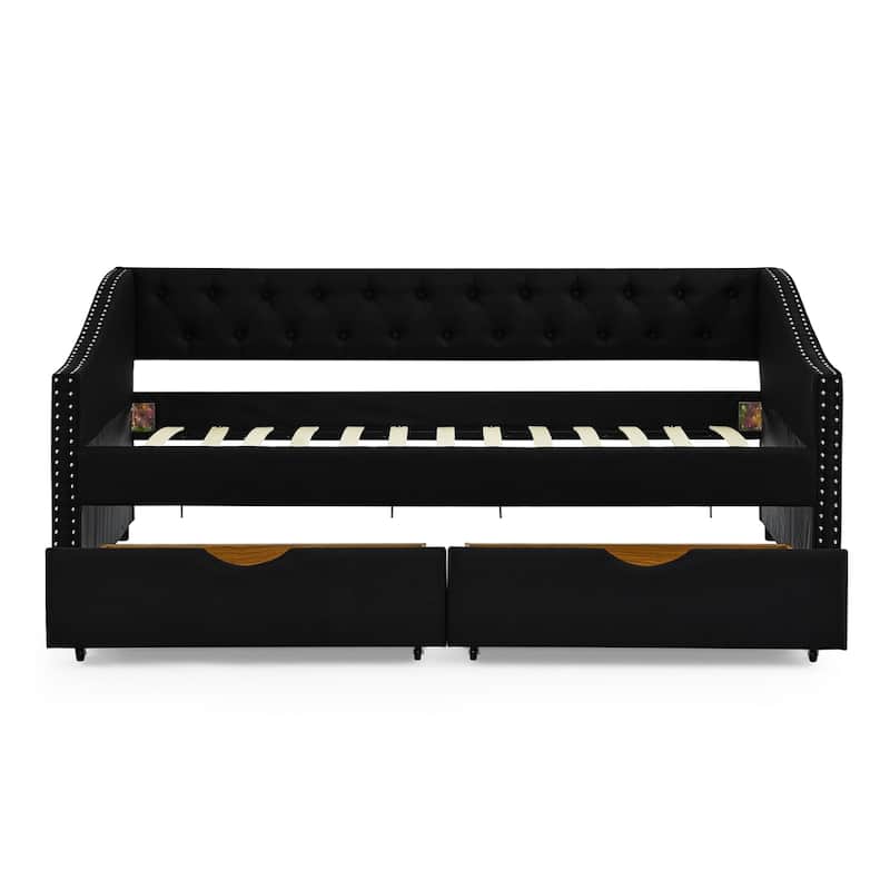 Twin Size Upholstered Tufted Daybed with Drawers and Copper Nail