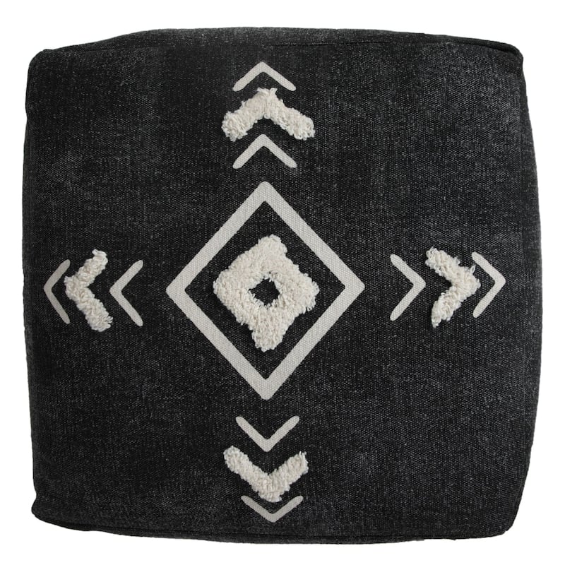 18" Black and White Diamond Medallion Square Pouf Ottoman