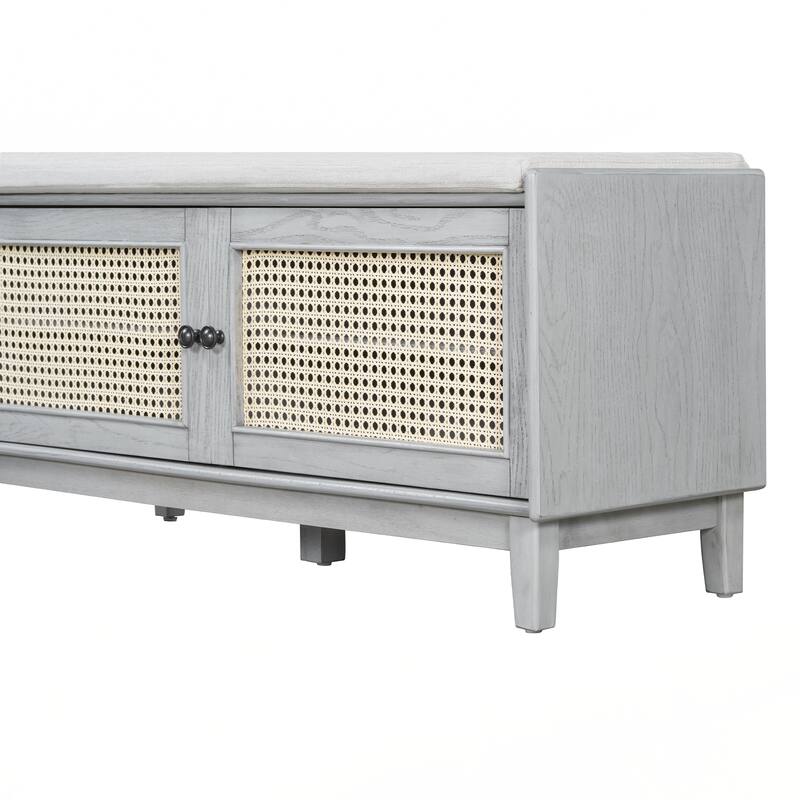 Rattan Entryway Bench with Storage, Cushioned Shoe Bench with Double Doors