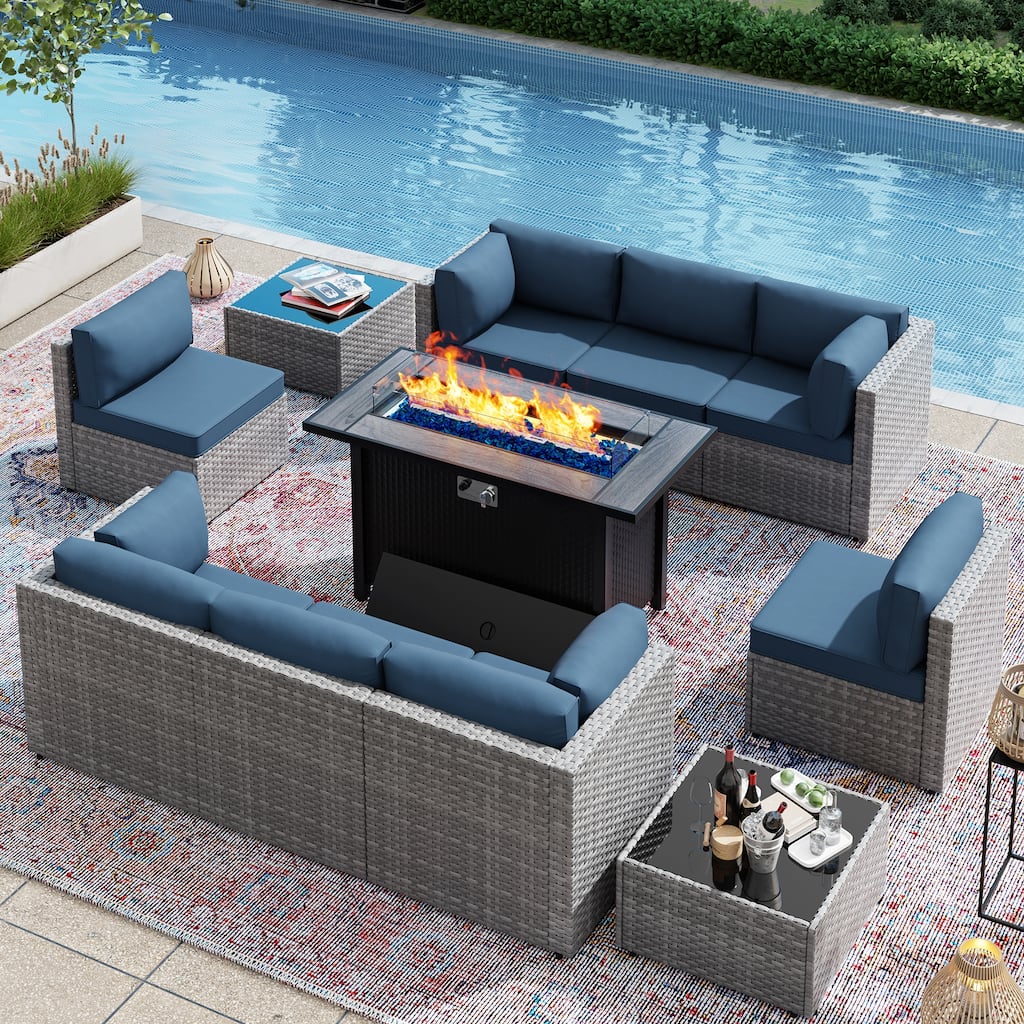 11 Piece Sectional Seating Group with Fire Pit and Cushion