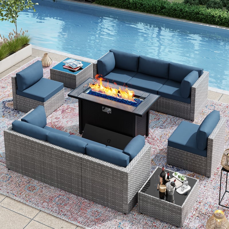 11 Piece Sectional Seating Group with Fire Pit and Cushion - NavyBlue/Silver