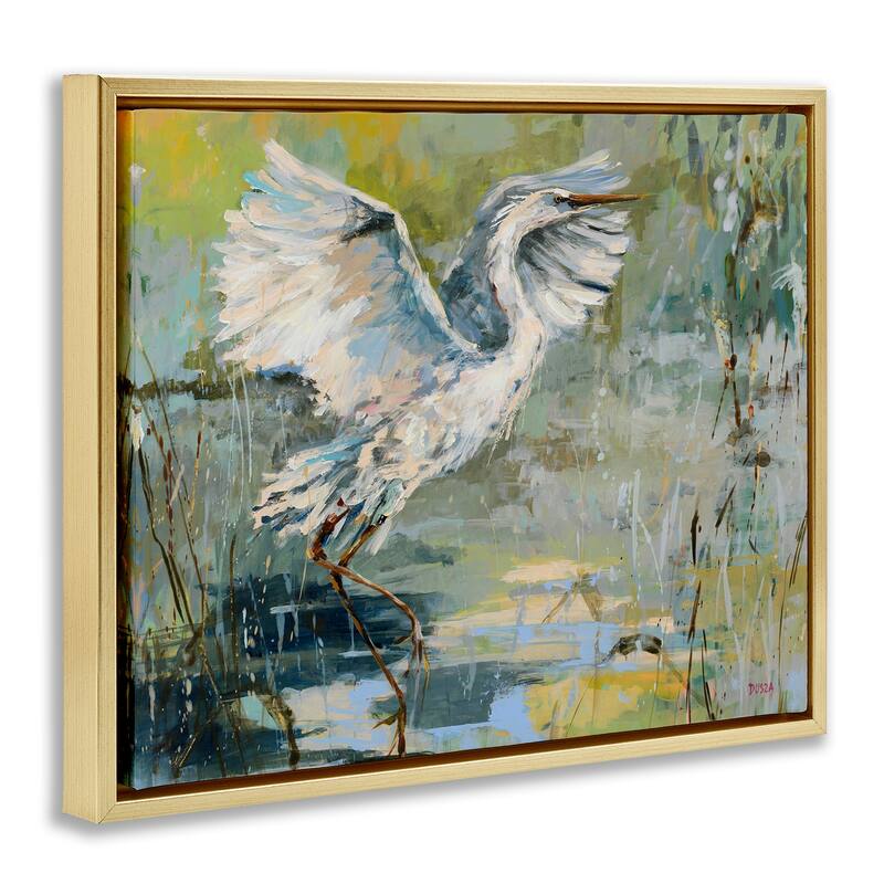 Stupell Radiant Crane at Pond Framed Floater Canvas Wall Art Design By Dusza