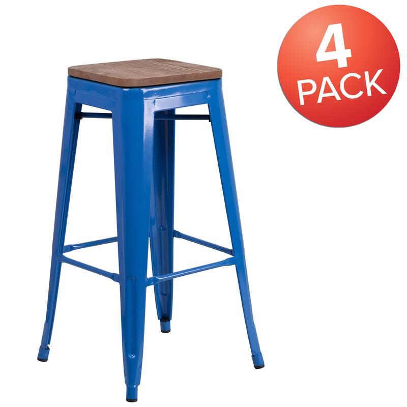 4 Pack 30" High Backless Metal Barstool with Square Wood Seat - Blue