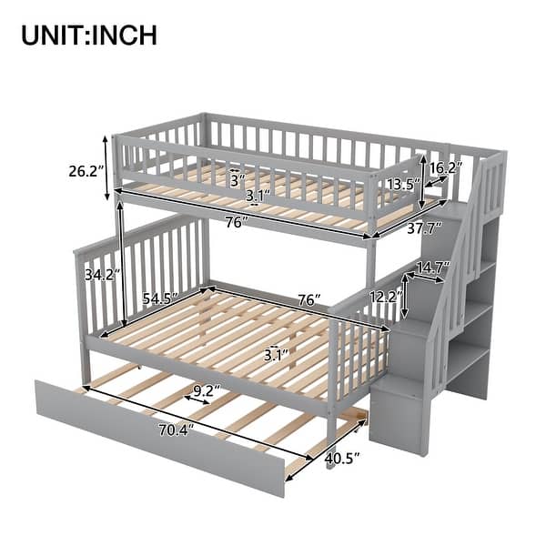 Grey Twin over Full Bunk Bed with Trundle. with Multiple Storage Spaces and Stairs with Handrails