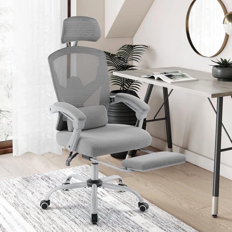 Home Office Desk Chair with Footrest, High-Back Mesh Reclining Chairs with Headrest for Home, Office, Gaming, Student - Grey