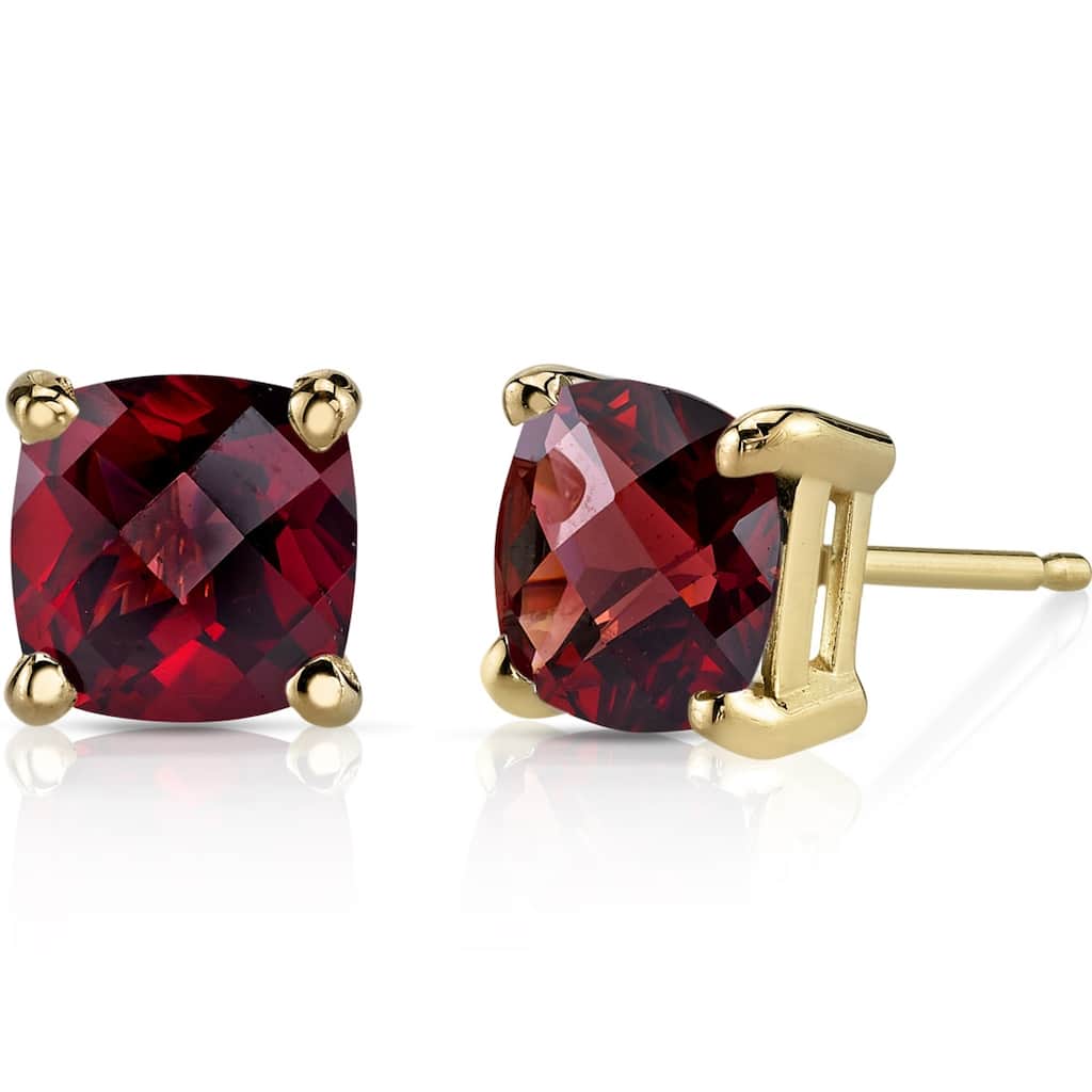 14k Yellow Gold Garnet Stud Earrings 2.41 ct Cushion Shape