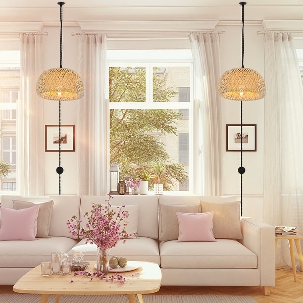 Modern Plug in Cord Bamboo Lantern Pendant Light with Switch Woven Rattan Shade Chandelier Adjustable Hanging Wall Lamp 11.02 11.02 5.9