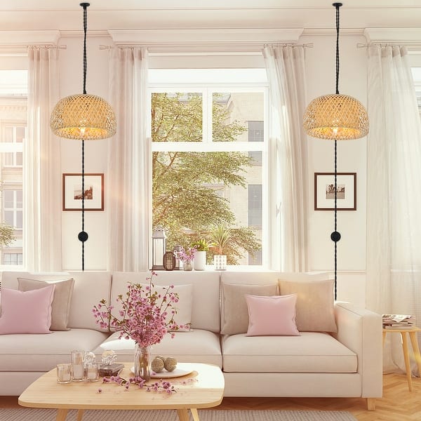 Boho Rattan Plug-in Pendant Light With Dimmable Switch - No Installation Needed, Perfect For Living Room, Bedroom & Dining