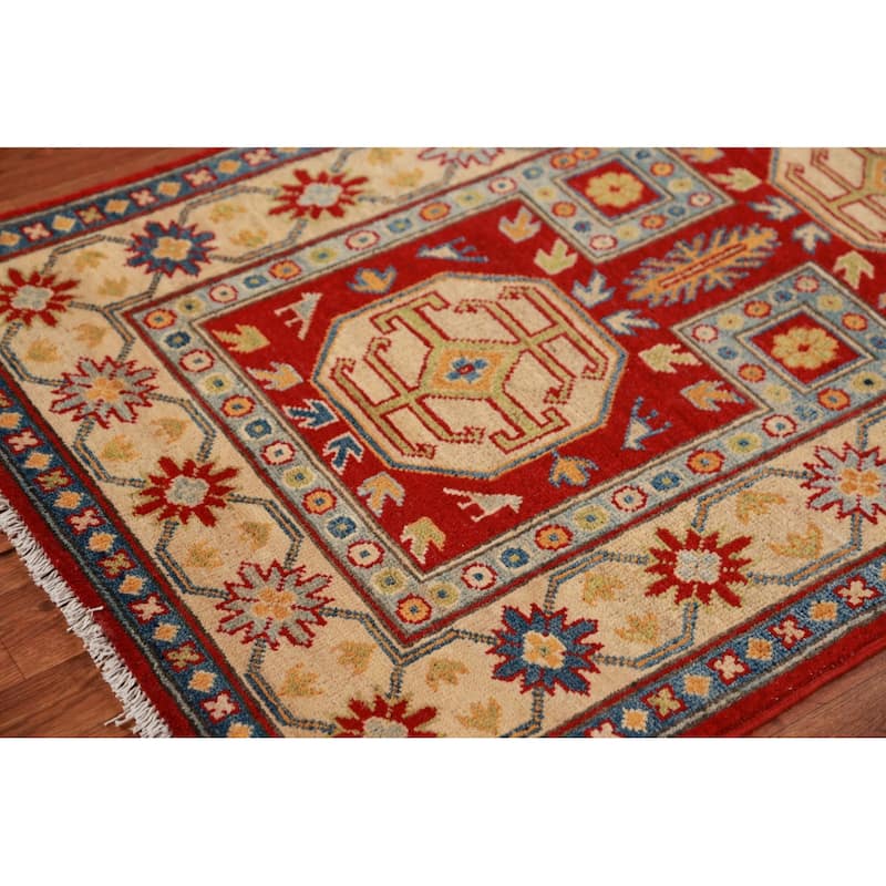 Traditional Kazak Accent Rug Hand-Knotted Geometric Red Wool Carpet - 2'8"x 4'4"