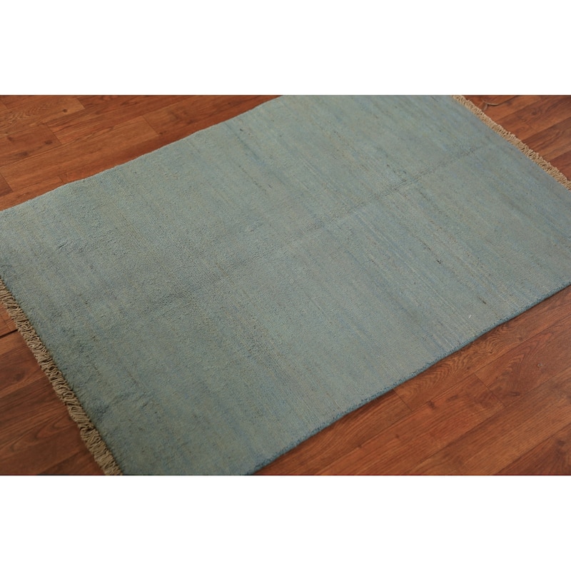Light Blue Gabbeh Modern Rug Hand-Knotted Solid Wool Carpet - 2'7" x 3'9"