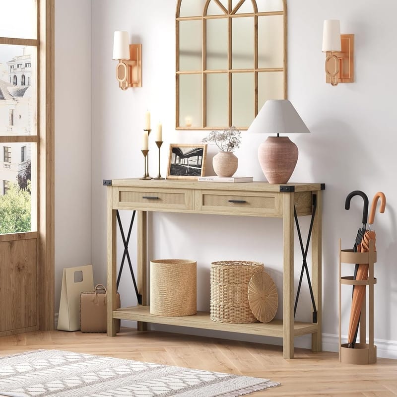 Boho Entryway Table with Rattan Drawers, Console Table for Entryway - Beige