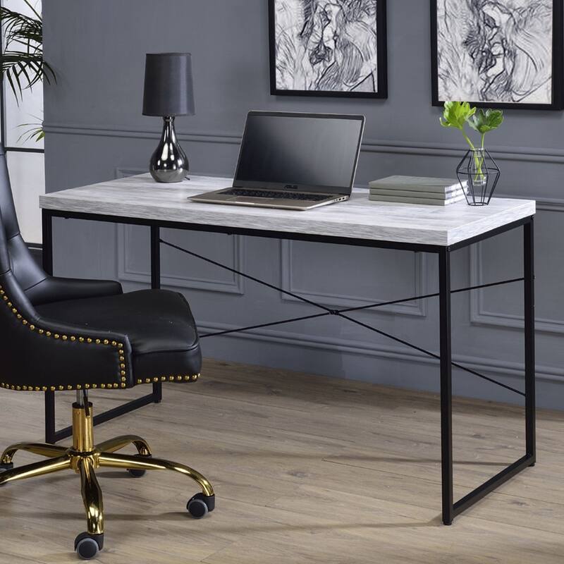 Faux Concrete Top Rectangular Writing Desk, Antique White and Black - White