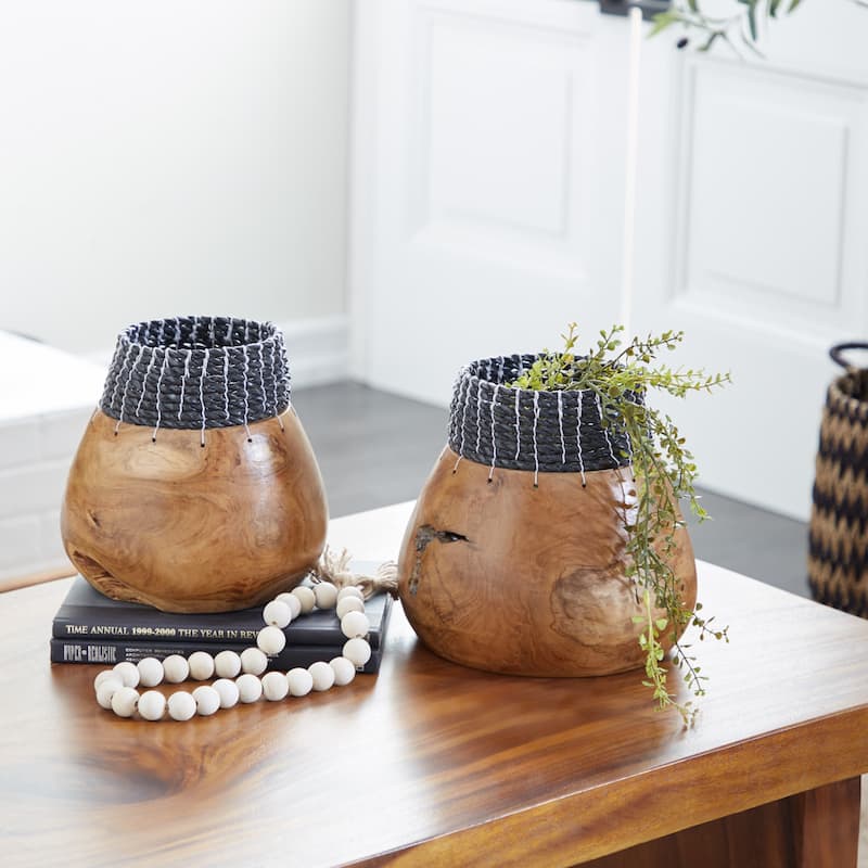 Brown Wood Handmade Vase with Black or White Seagrass Accents (Set of 2) - Black